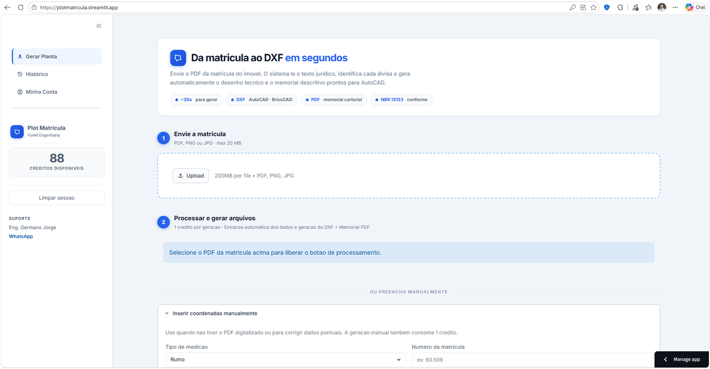 Tela inicial do Plot Matrícula com envio do PDF da matrícula